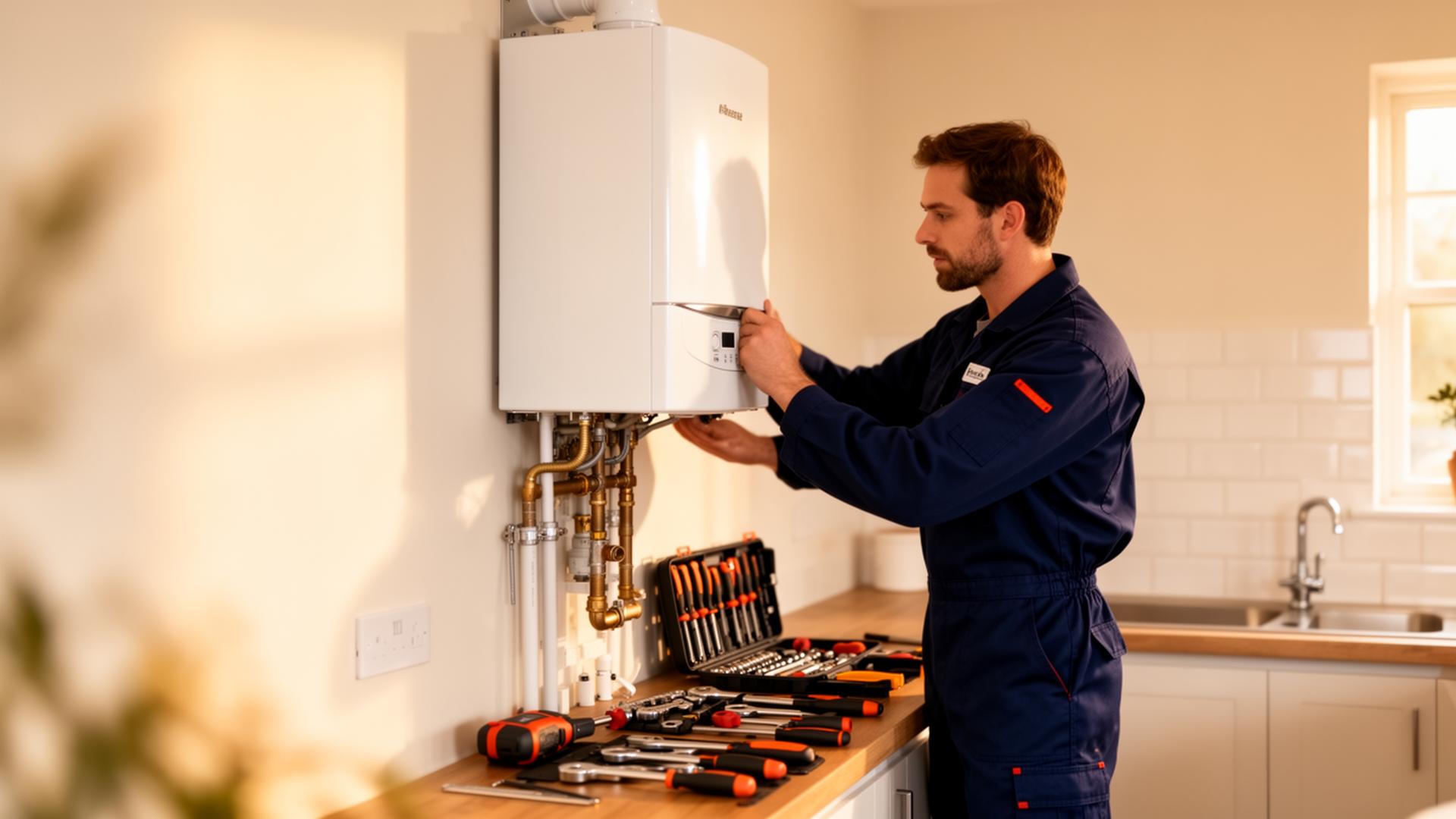 Professional heating engineer servicing a modern boiler in a clean UK home